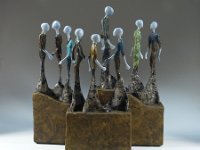 Journey  This sculptural maquette I completed in 2012 having considered the idea for some time.  The original concept was to produce a garden sculpture that would link different areas both physically and visually.  The pieces would be placed amongst the plantings creating their own journey which would  change depending on time of day, weather conditions, season, etc.  The figures are designed to reflect growth and movement and by their similarity provide a constant in the ever changing environment of the garden. 27 x 34 x 6 inches   $4750.00